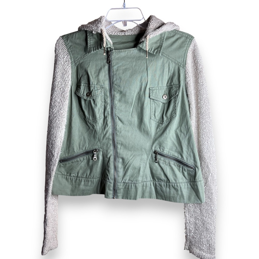 Womens Green Utility Jacket Hoodie Knit Sleeves Casual Military Anorak Zip Small